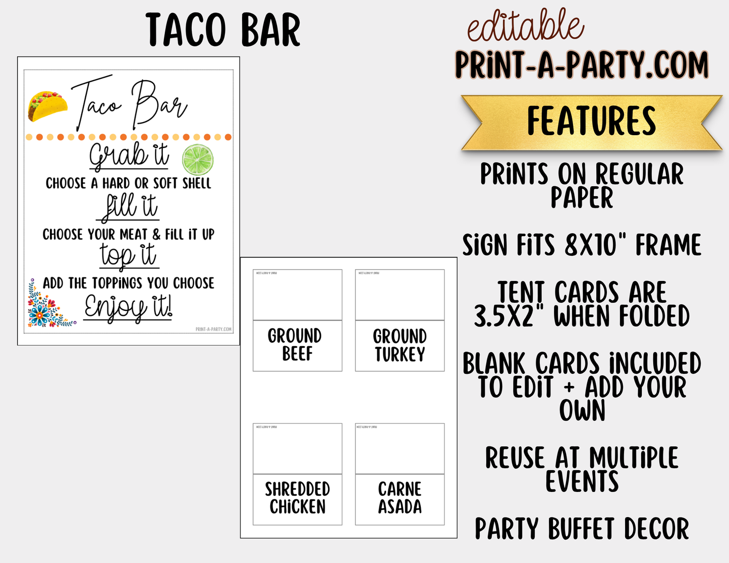Editable Taco Bar Sign (8x10) and Toppings Tent Cards - Canva Template - For parties, showers and events