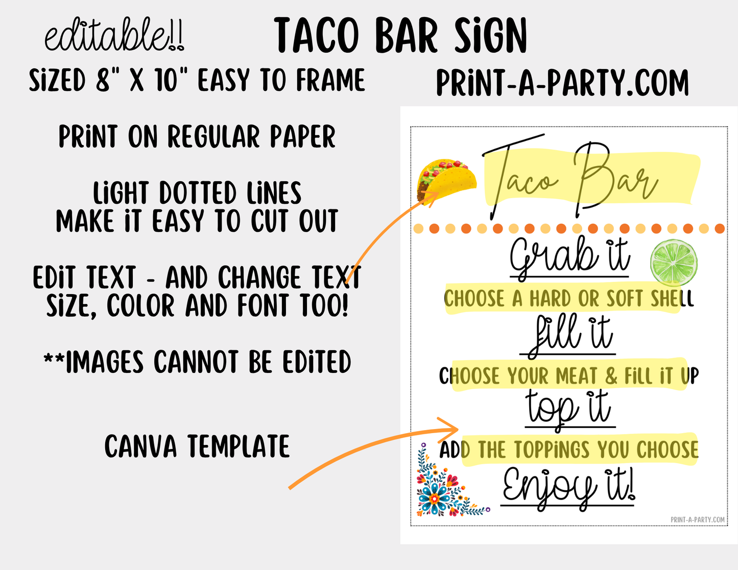 Editable Taco Bar Sign (8x10) and Toppings Tent Cards - Canva Template - For parties, showers and events