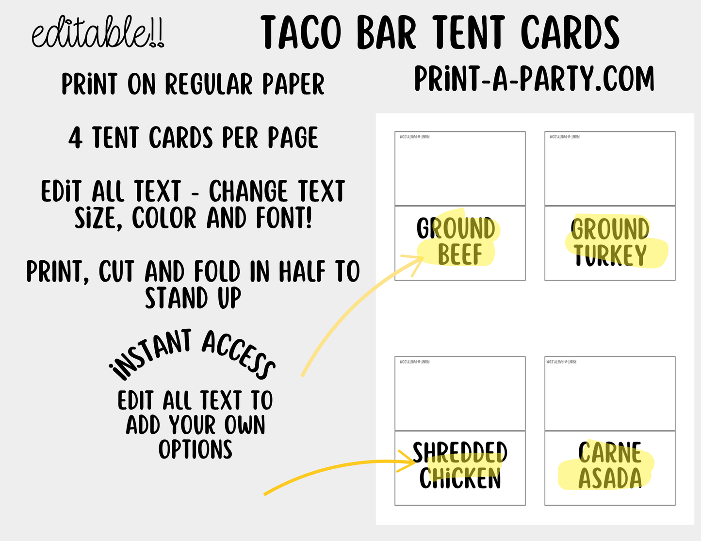 Editable Taco Bar Sign (8x10) and Toppings Tent Cards - Canva Template - For parties, showers and events