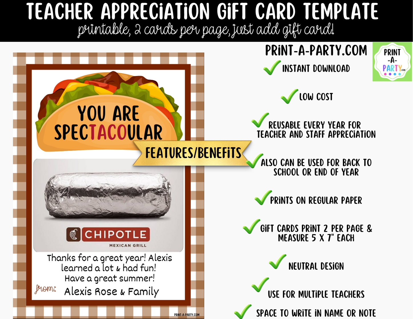 Gift Card Restaurant Templates – Teacher Appreciation Gift Cards for Teacher and Staff Gifts
