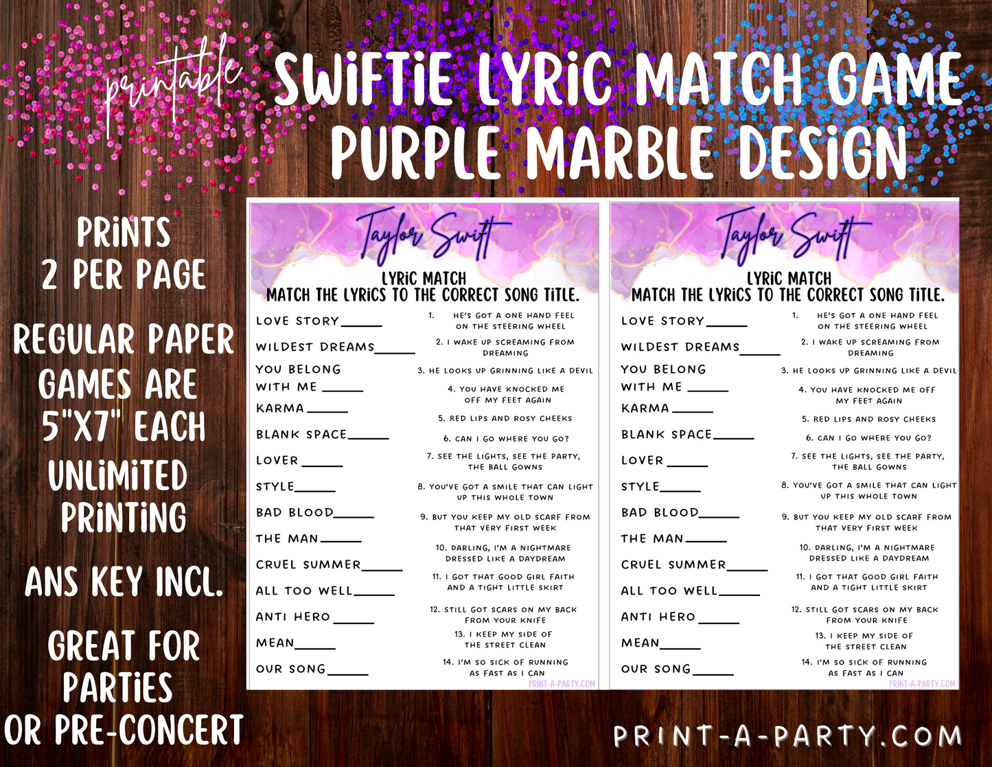 Swiftie Party Game Lyric Match | Taylor Lyric Match Game | Eras Tour Party | Taylor Party Game | T Swift Party Games | Swiftie Games