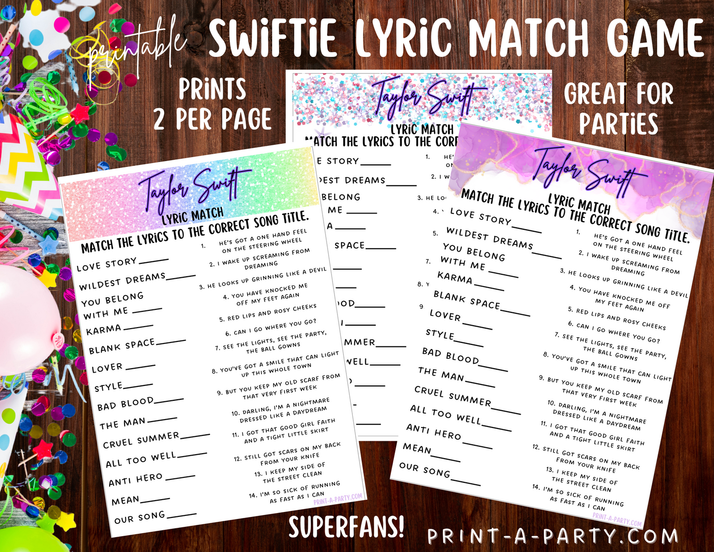 Swiftie Party Game Lyric Match | Taylor Lyric Match Game | Eras Tour Party | Taylor Party Game | T Swift Party Games | Swiftie Games