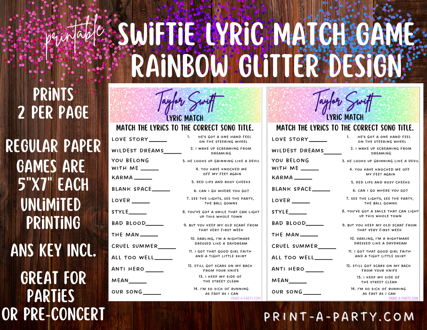 Swiftie Party Game Lyric Match | Taylor Lyric Match Game | Eras Tour Party | Taylor Party Game | T Swift Party Games | Swiftie Games