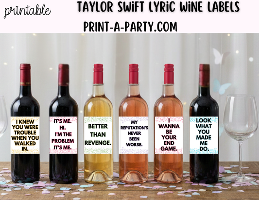 Taylor-Inspired Wine Labels (6) Printable – Funny Lyric Wine Bottle Labels (Instant Download)