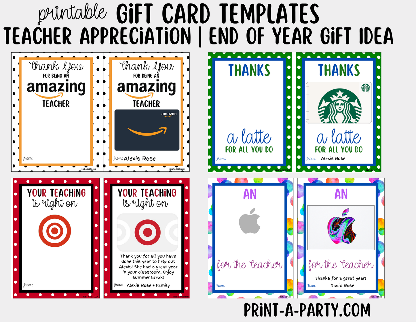 Gift Card Templates for Teacher Appreciation Gift Cards for Teacher and Staff Gifts - Amazon Starbucks Target Apple
