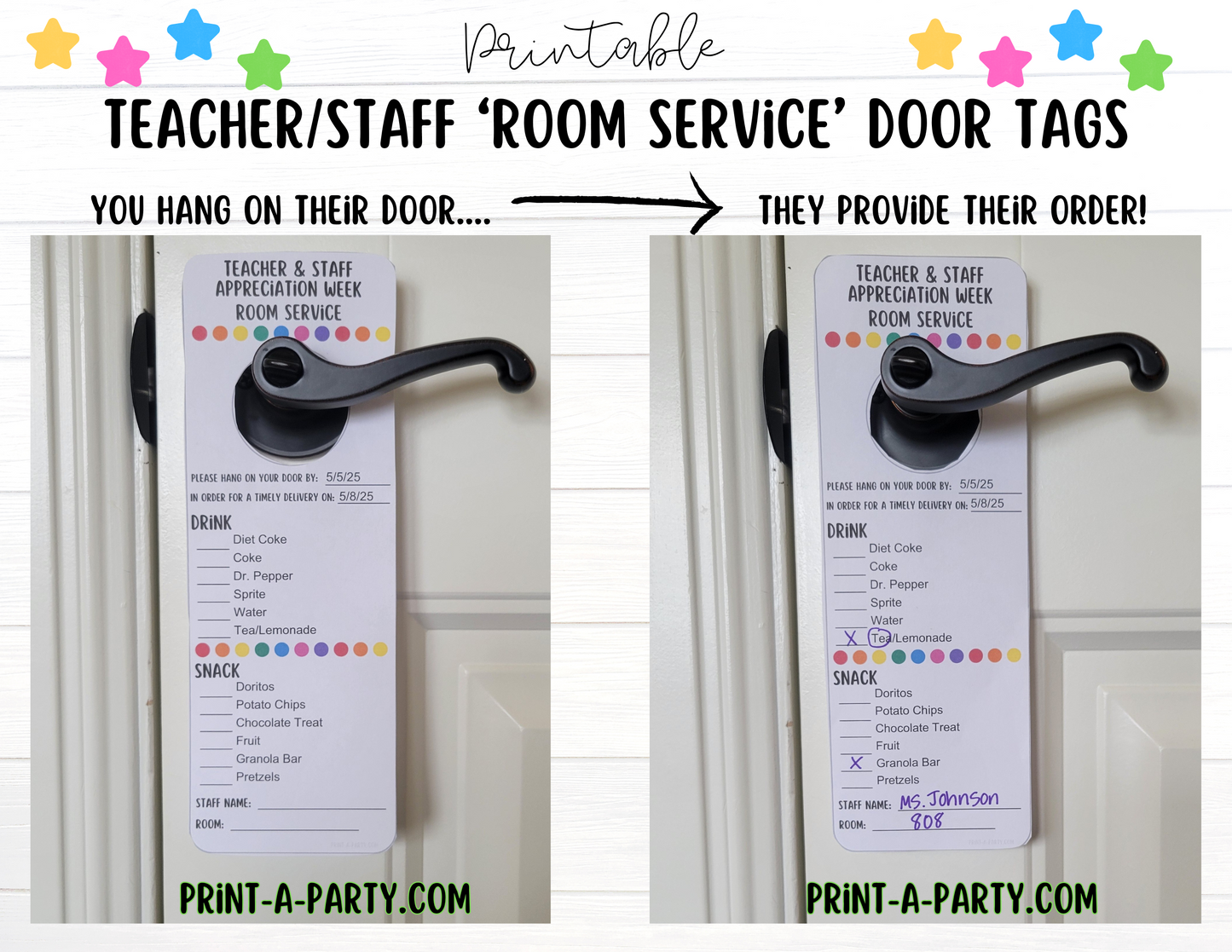 Appreciation Tag: Room Service Door Tags - Printable | Teacher Appreciation Week | Staff Appreciation | PTO | PTA | Teacher Appreciation Ideas