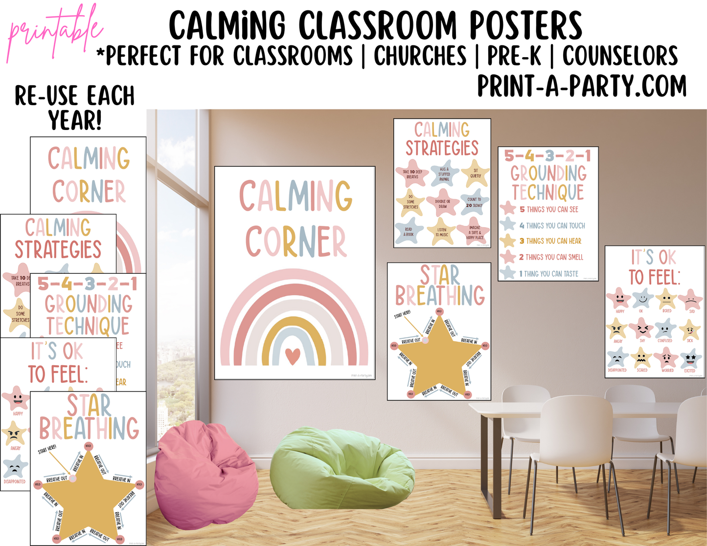 CLASSROOM DECOR | Calm Classroom Posters | Calming Classroom | Calm Down Posters for Daycare | Counselor Office | Psychologist | Boho Rainbow Class Theme