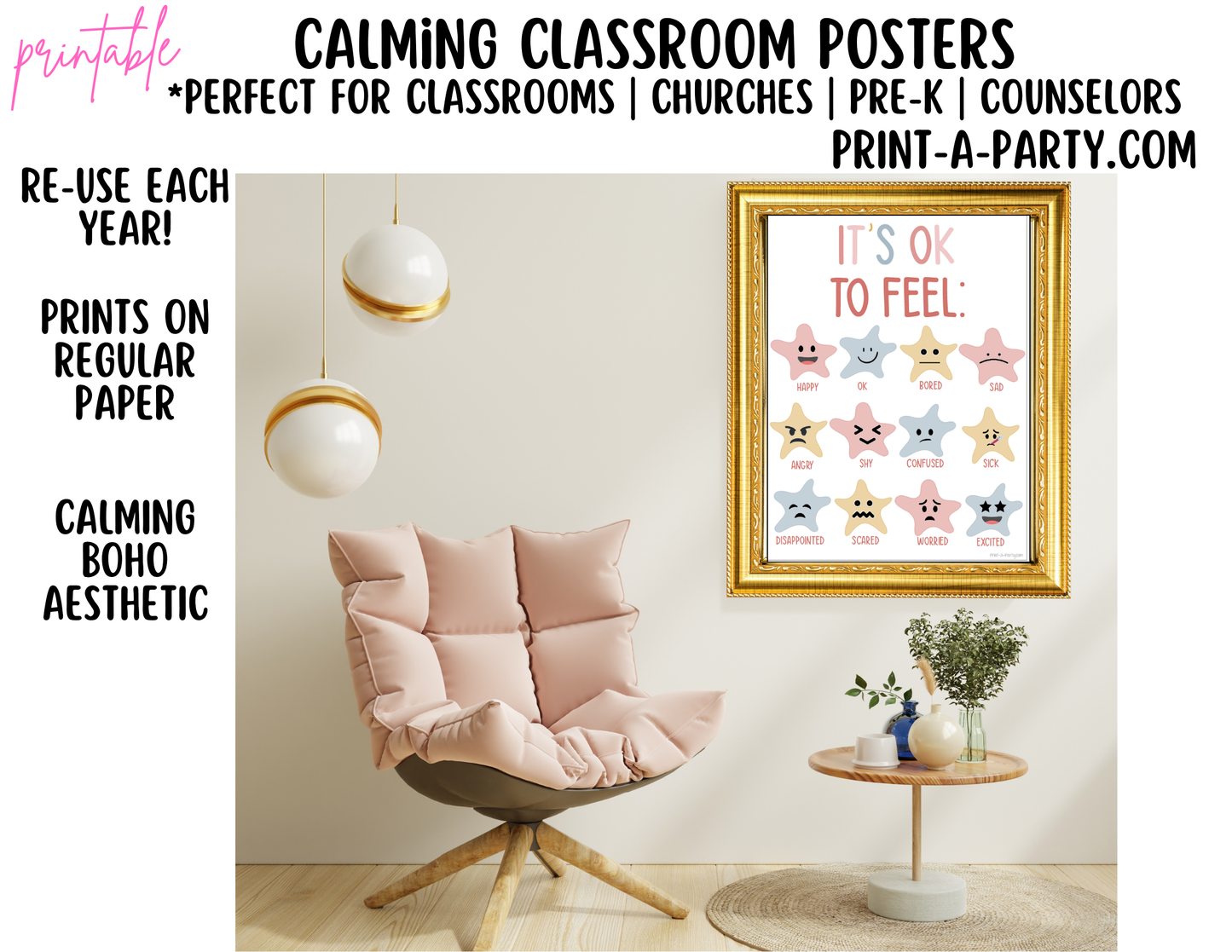 CLASSROOM DECOR | Calm Classroom Posters | Calming Classroom | Calm Down Posters for Daycare | Counselor Office | Psychologist | Boho Rainbow Class Theme