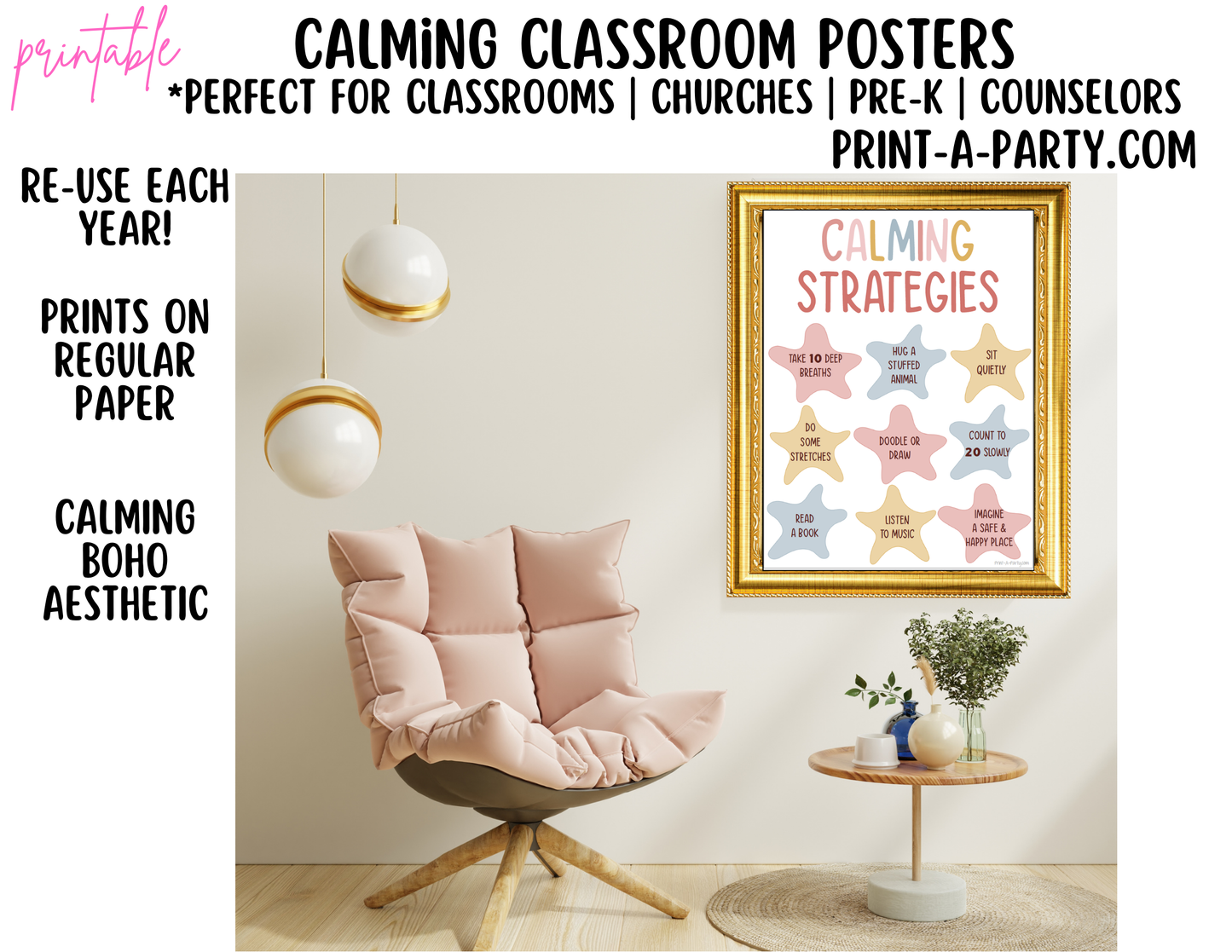 CLASSROOM DECOR | Calm Classroom Posters | Calming Classroom | Calm Down Posters for Daycare | Counselor Office | Psychologist | Boho Rainbow Class Theme