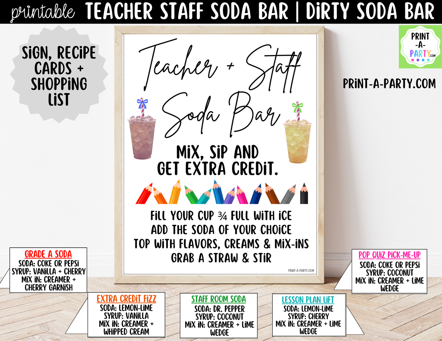 Teacher and Staff Dirty Soda Bar Sign and Recipe Tent Cards - 12 Recipes