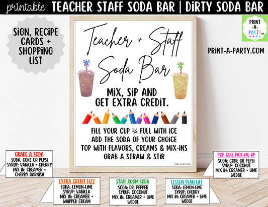 Teacher and Staff Dirty Soda Bar Sign and Recipe Tent Cards - 12 Recipes