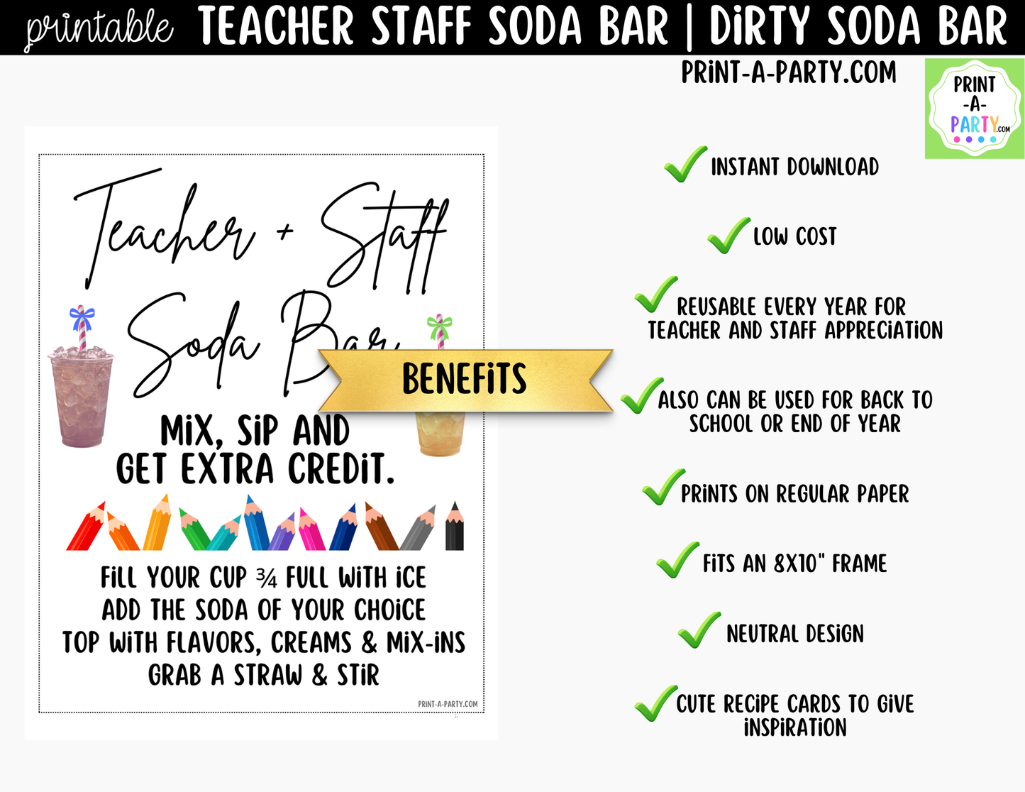 Teacher and Staff Dirty Soda Bar Sign and Recipe Tent Cards - 12 Recipes