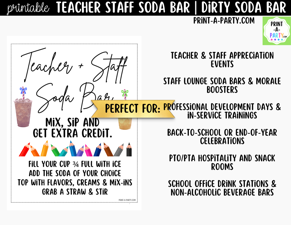 Teacher and Staff Dirty Soda Bar Sign and Recipe Tent Cards - 12 Recipes