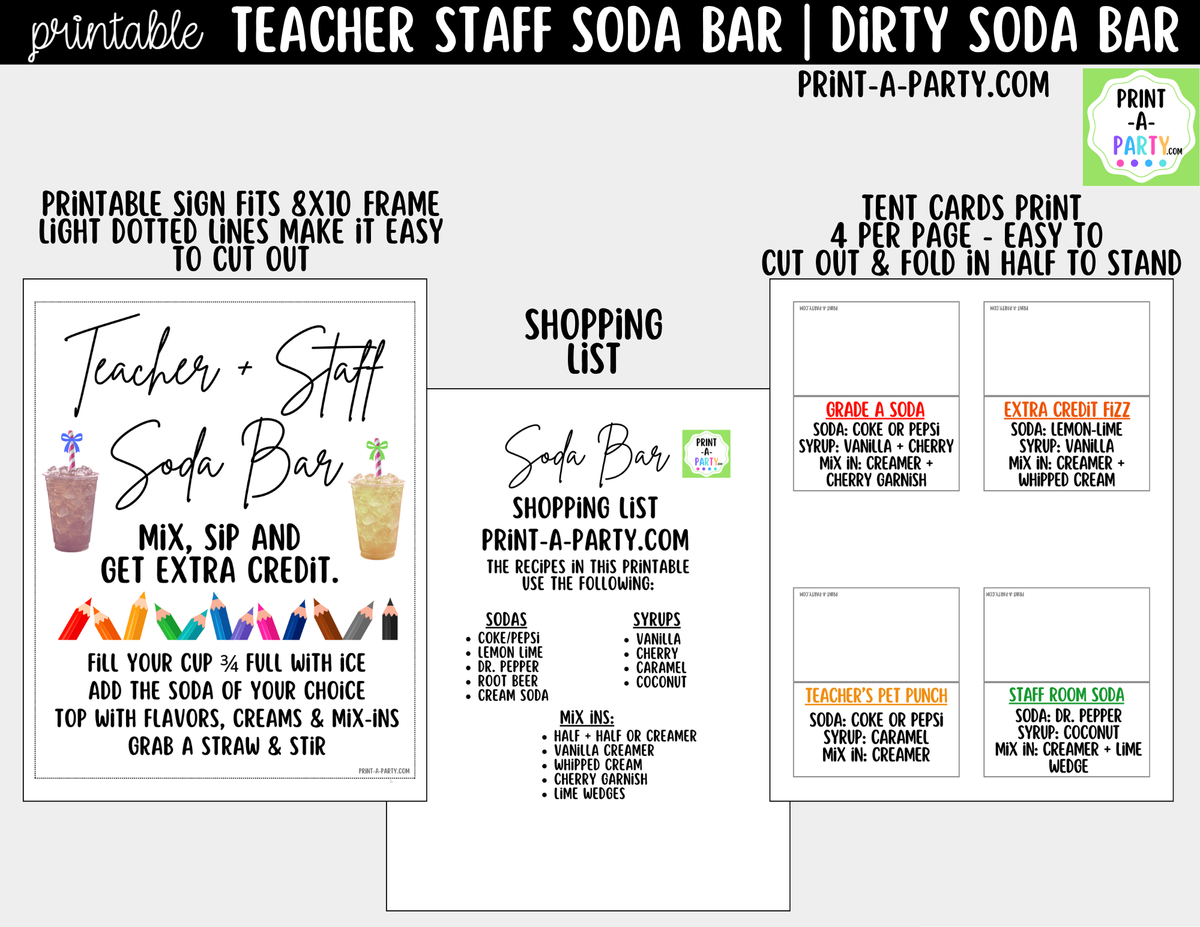 Teacher and Staff Dirty Soda Bar Sign and Recipe Tent Cards - 12 Recipes