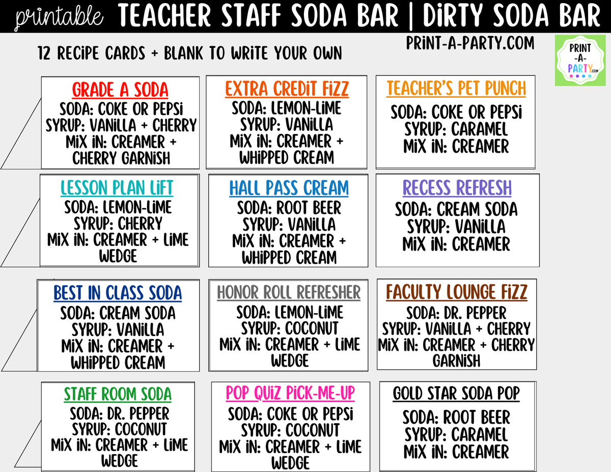 Teacher and Staff Dirty Soda Bar Sign and Recipe Tent Cards - 12 Recipes