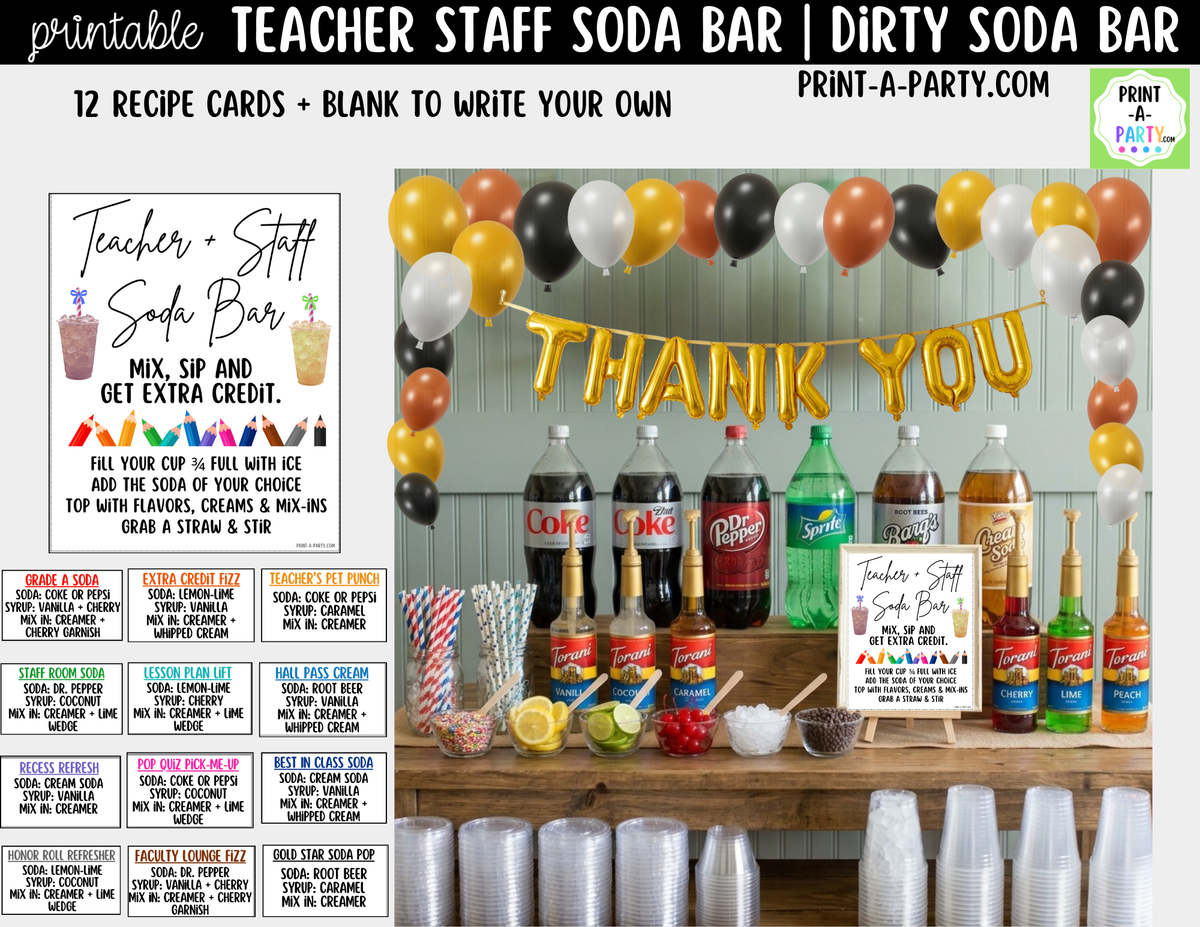 Teacher and Staff Dirty Soda Bar Sign and Recipe Tent Cards - 12 Recipes