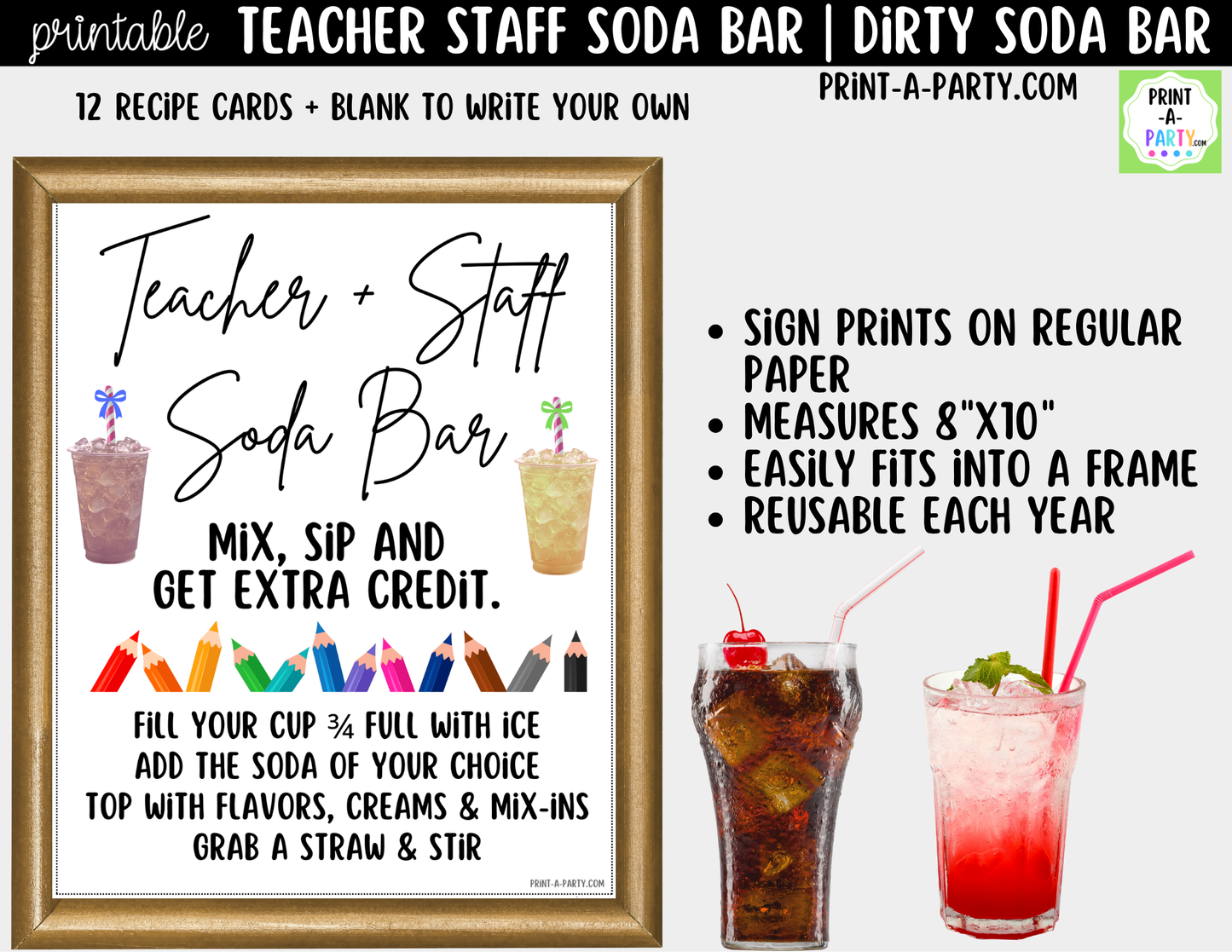 Teacher and Staff Dirty Soda Bar Sign and Recipe Tent Cards - 12 Recipes