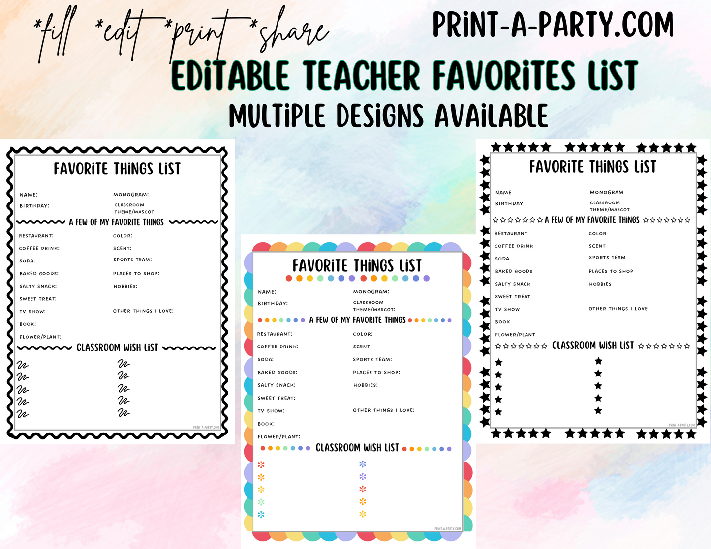 Teacher Favorite Things List - Editable - Fillable PDF | Stars Theme | All About Teacher | Teacher Questionnaire | Teacher Wishlist