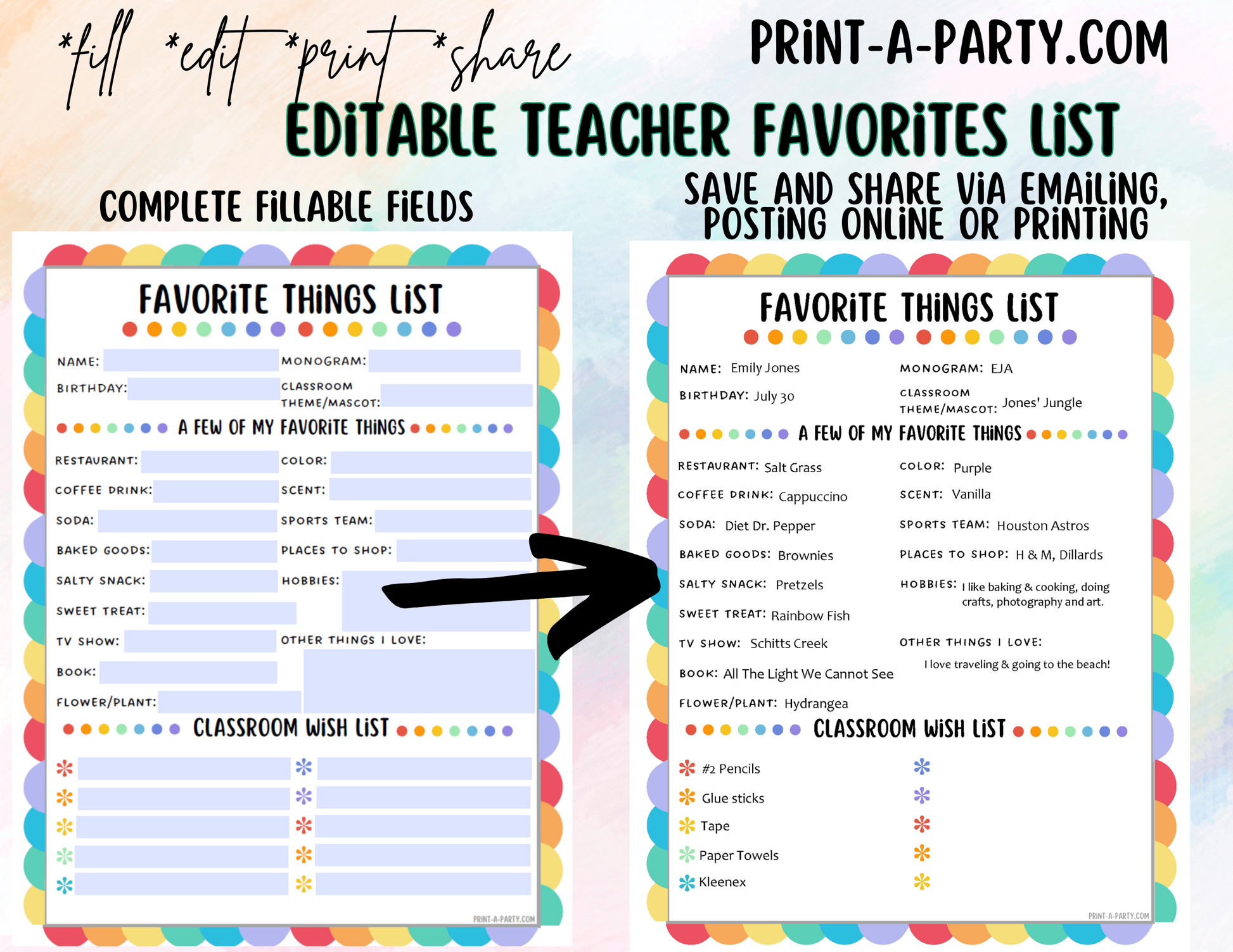 Teacher Favorite Things List - Editable - Fillable PDF | Colorful Them – PrintAParty teacher-favorite-things-list-editable-fillable-pdf-colorful-them-printaparty