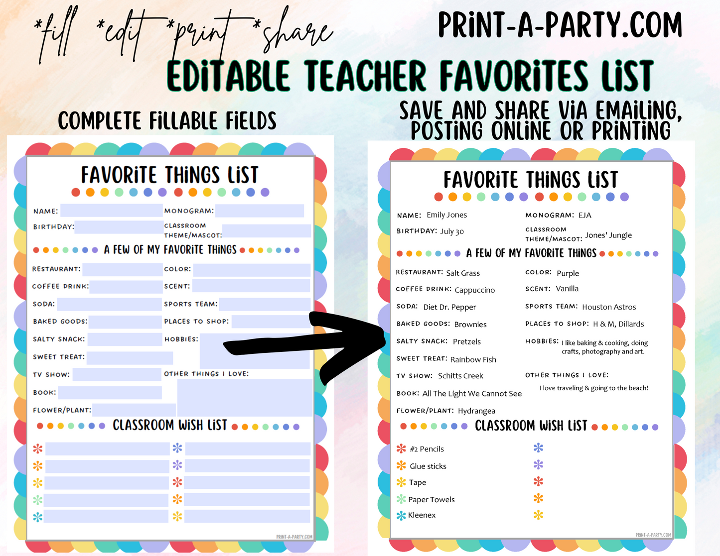 Teacher Favorite Things List - Editable - Fillable PDF | Colorful Theme | All About the Teacher | Teacher Questionnaire | Teacher Wishlist | Classroom Wishlist