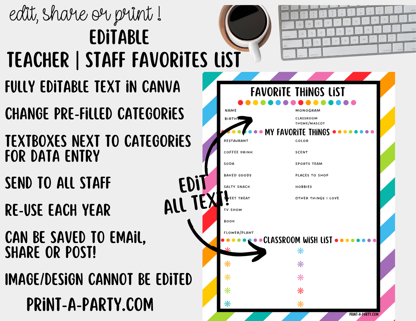 Teacher Staff Editable Favorite Things List – Questionnaire + Wishlist Form for Back to School & Appreciation