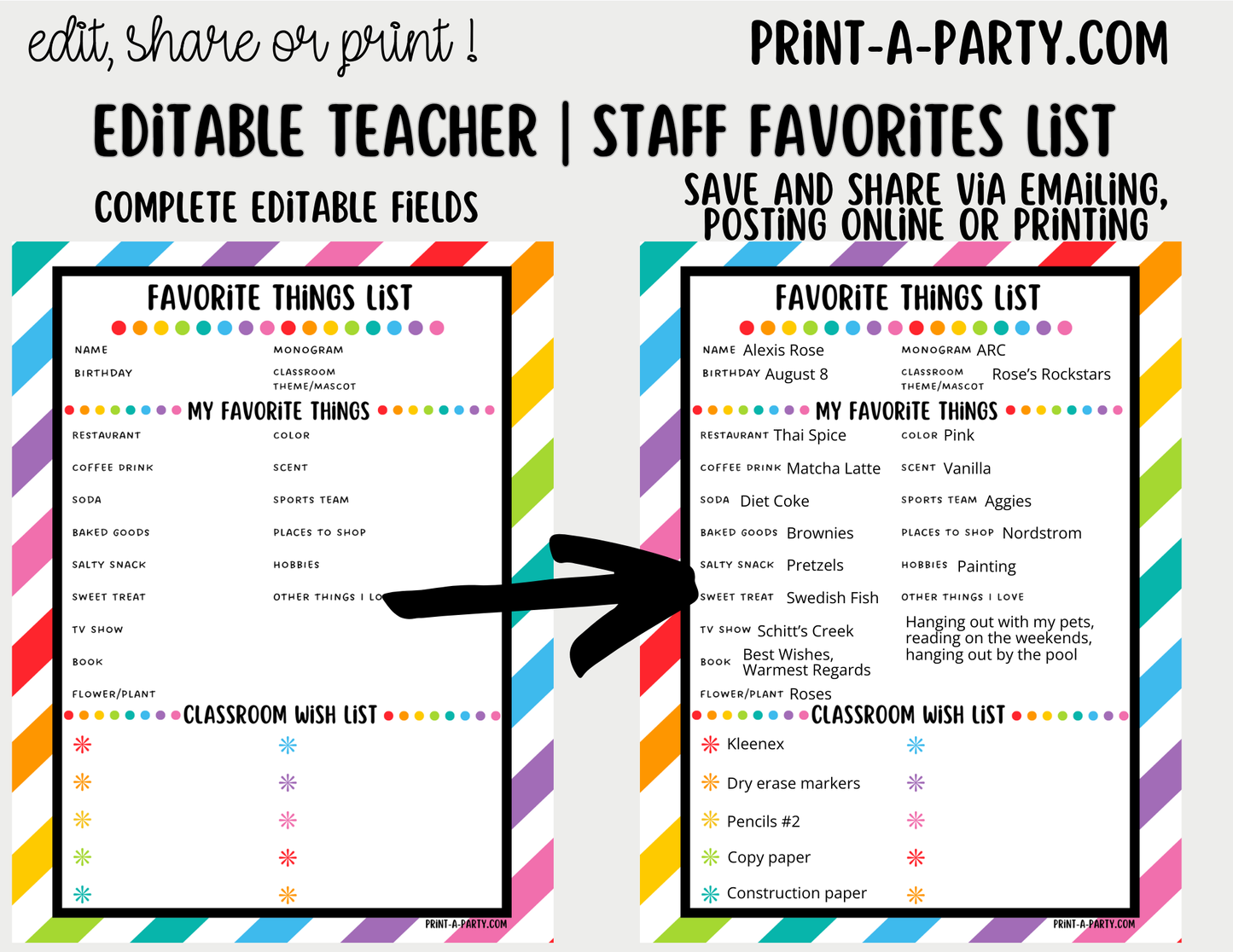 Teacher Staff Editable Favorite Things List – Questionnaire + Wishlist Form for Back to School & Appreciation