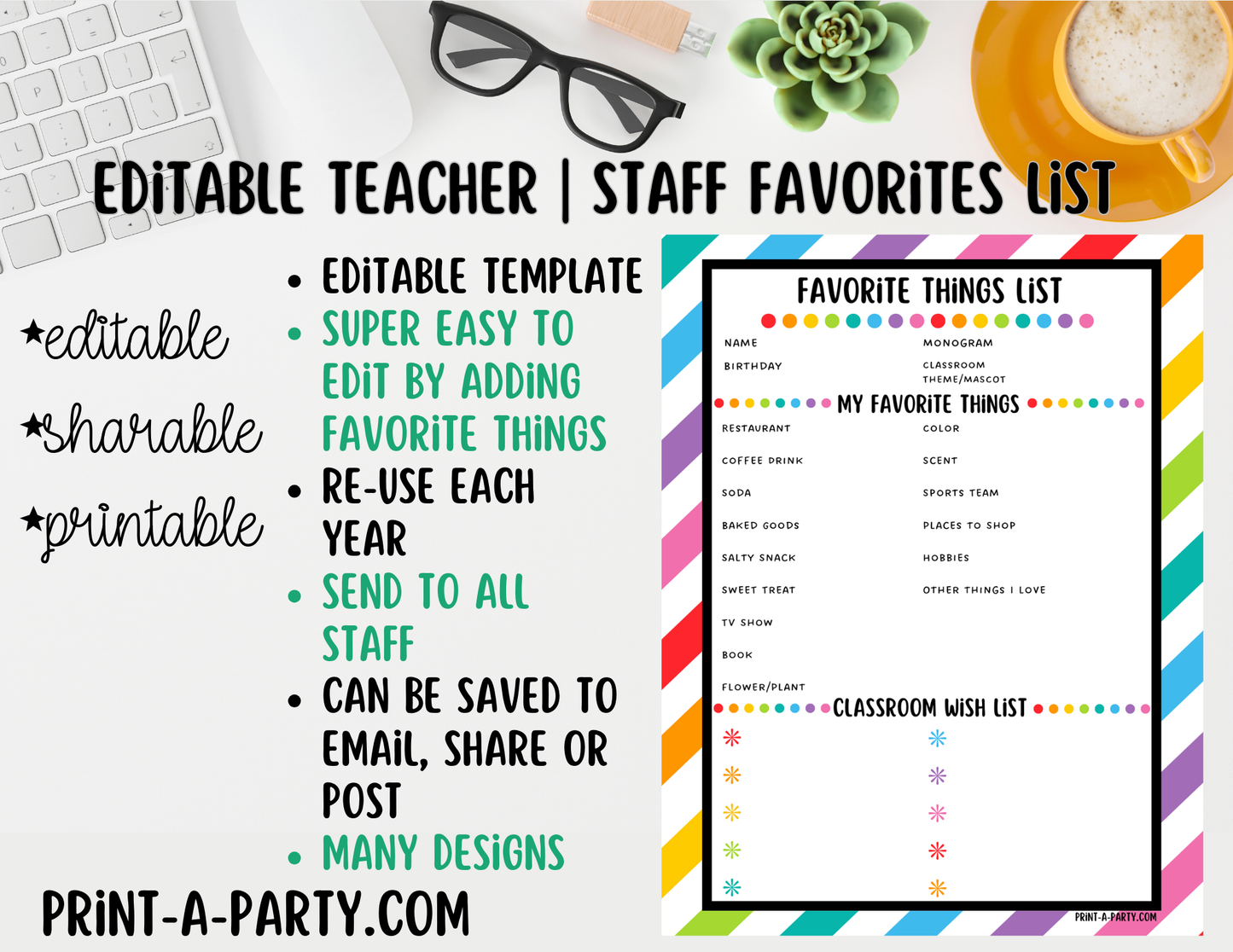 Teacher Staff Editable Favorite Things List – Questionnaire + Wishlist Form for Back to School & Appreciation