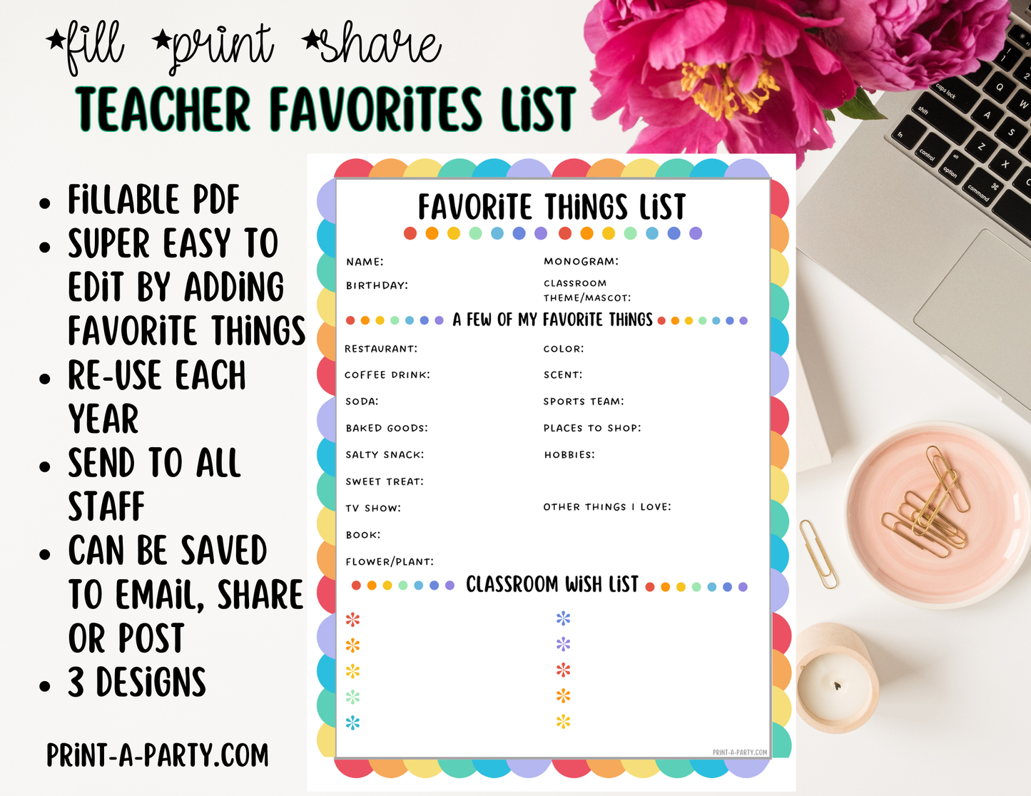 Teacher Favorite Things List - Edit via a Fillable PDF - Printable, Shareable - Teacher Wishlist, Room Moms, PTO School Staff Appreciation