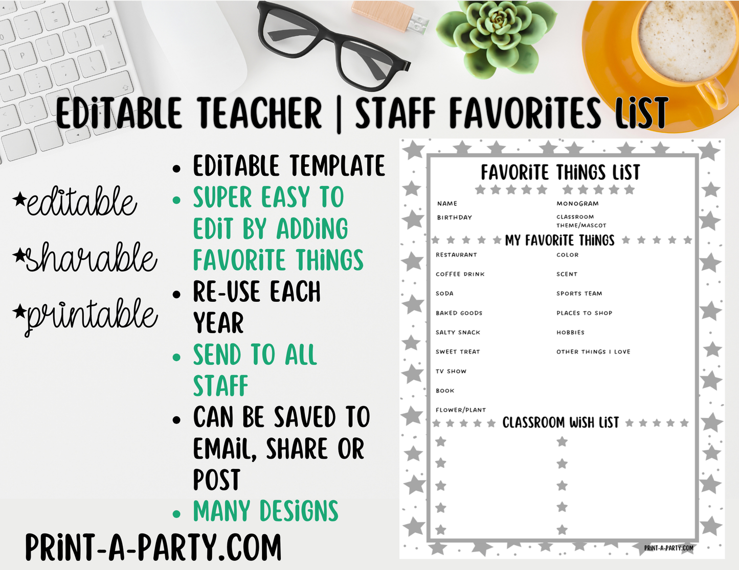 Teacher Staff Editable Favorite Things List – Questionnaire + Wishlist Form for Back to School & Appreciation