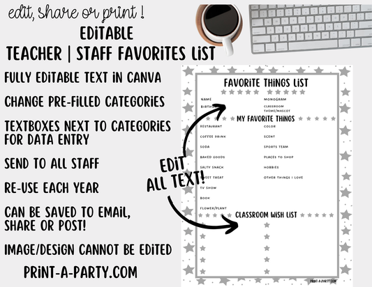 Teacher Staff Editable Favorite Things List – Questionnaire + Wishlist Form for Back to School & Appreciation