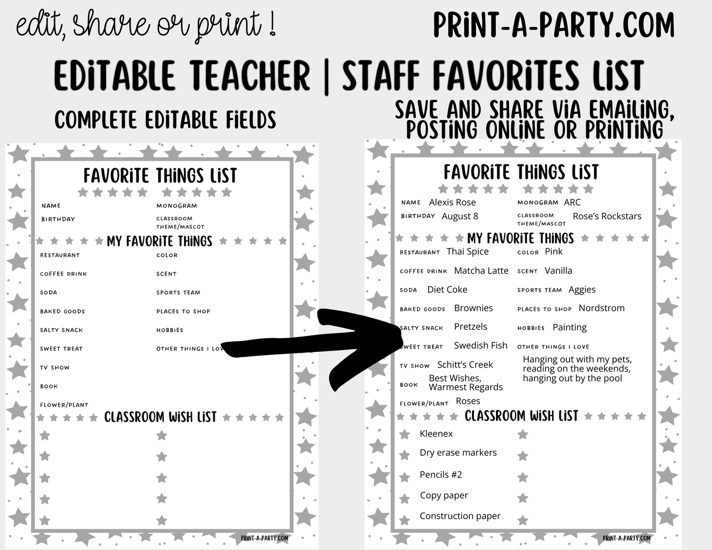 Teacher Staff Editable Favorite Things List – Questionnaire + Wishlist Form for Back to School & Appreciation