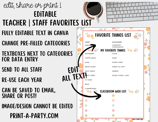 Teacher Staff Editable Favorite Things List – Questionnaire + Wishlist Form for Back to School & Appreciation