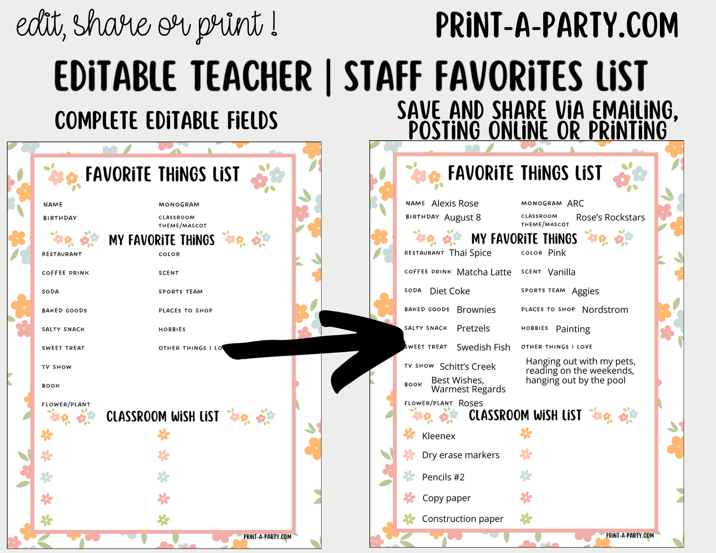 Teacher Staff Editable Favorite Things List – Questionnaire + Wishlist Form for Back to School & Appreciation