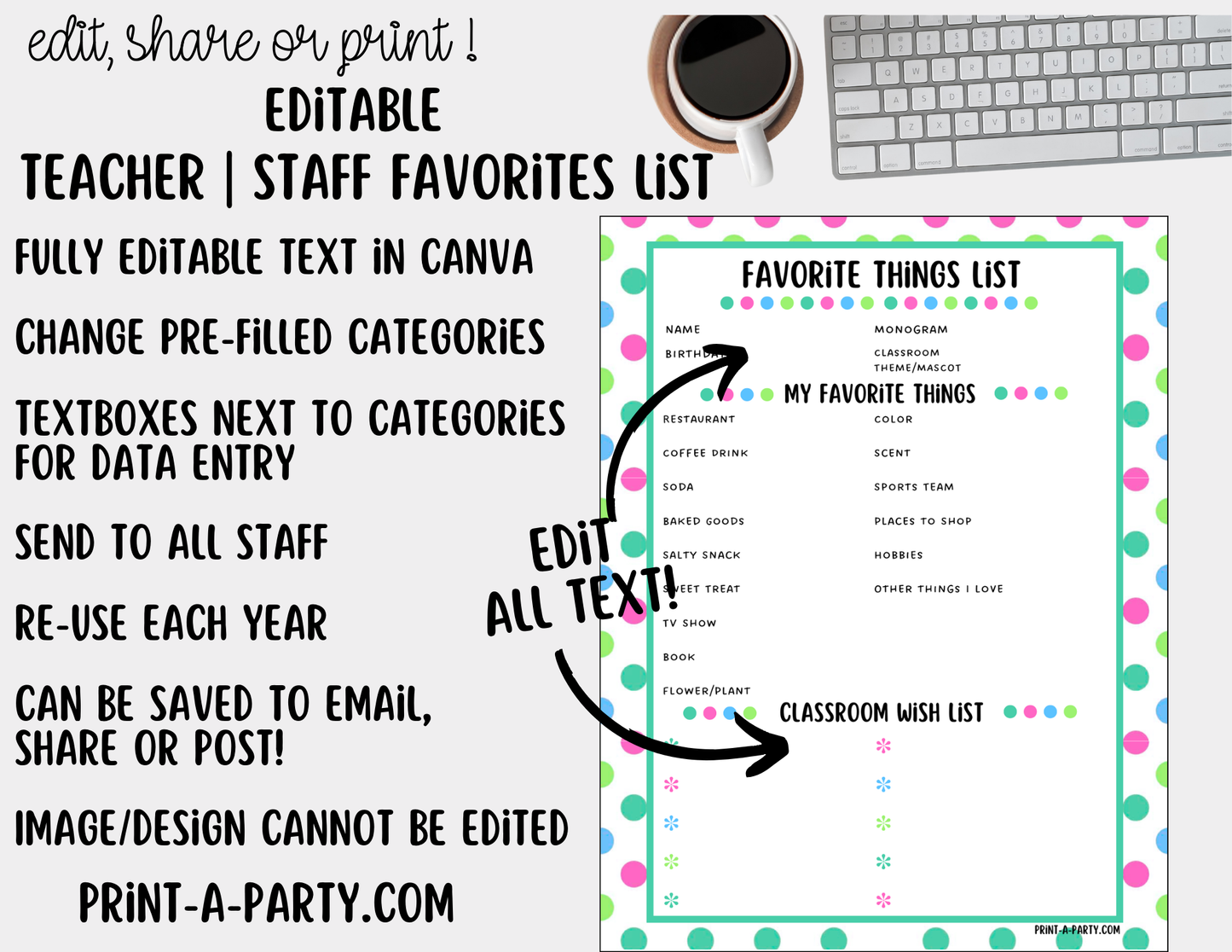 Teacher Staff Editable Favorite Things List – Questionnaire + Wishlist Form for Back to School & Appreciation