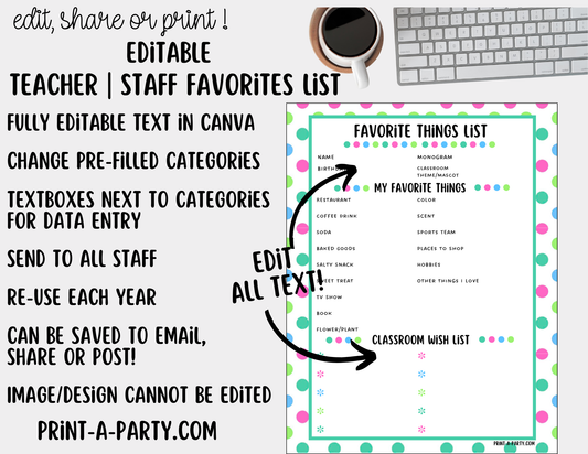 Teacher Staff Editable Favorite Things List – Questionnaire + Wishlist Form for Back to School & Appreciation