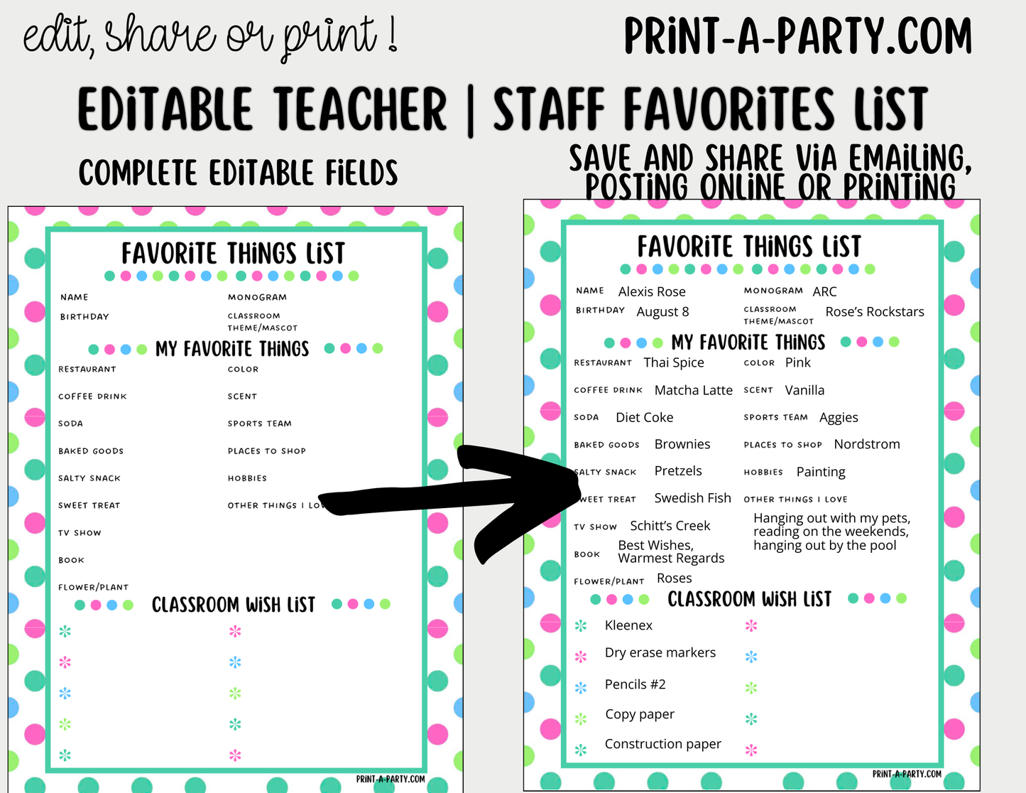 Teacher Staff Editable Favorite Things List – Questionnaire + Wishlist Form for Back to School & Appreciation