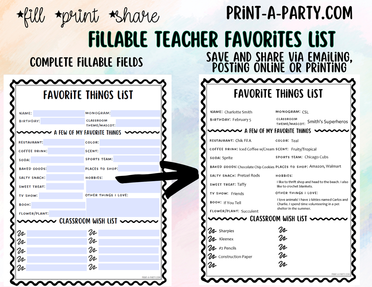 Teacher Favorite Things List - Edit via a Fillable PDF - Printable, Shareable - Teacher Wishlist, Room Moms, PTO School Staff Appreciation