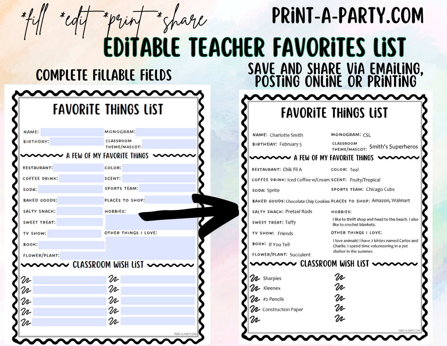 Teacher Favorite Things List - Editable - Fillable PDF | Squiggly Lines Theme | All About the Teacher | Teacher Questionnaire | Teacher Wishlist | Classroom Wishlist