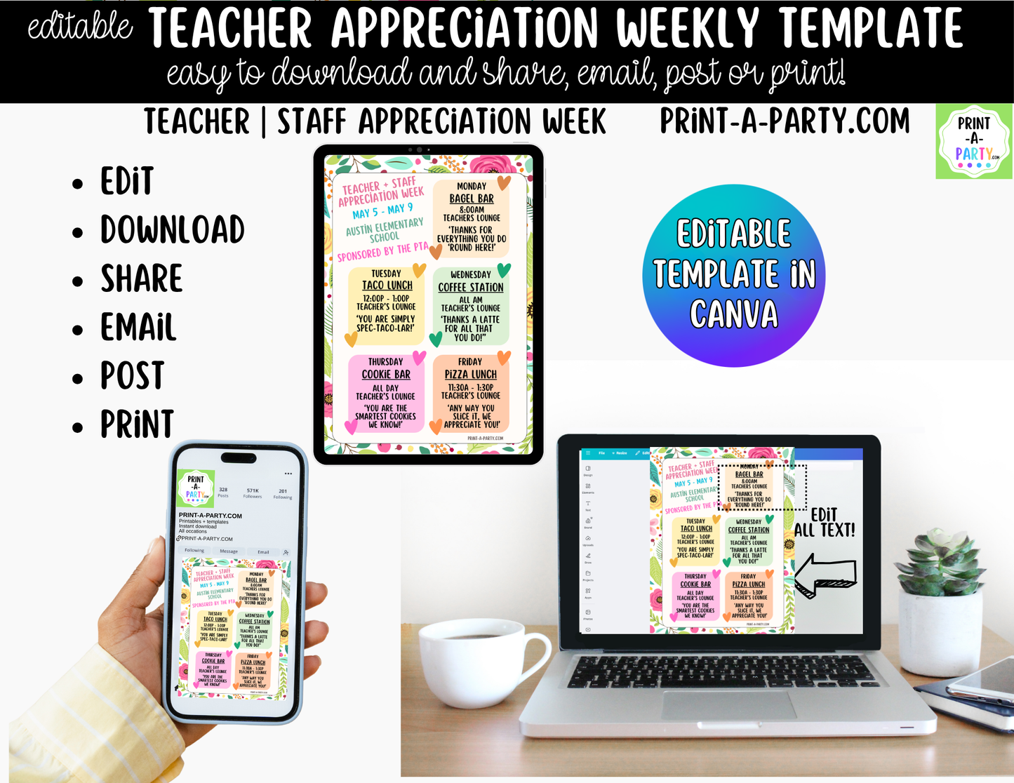 Teacher Appreciation Week Schedule Template – Editable Canva Planner for PTO, PTA & School Staff Events