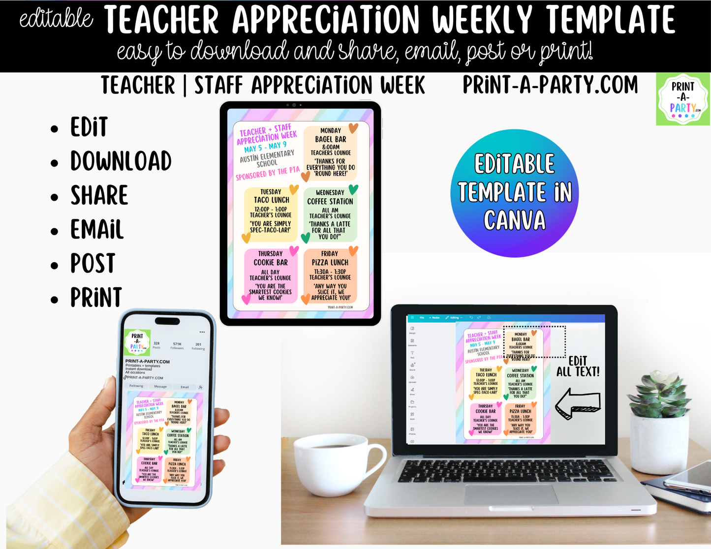 Teacher Appreciation Week Schedule Template – Editable Canva Planner for PTO, PTA & School Staff Events