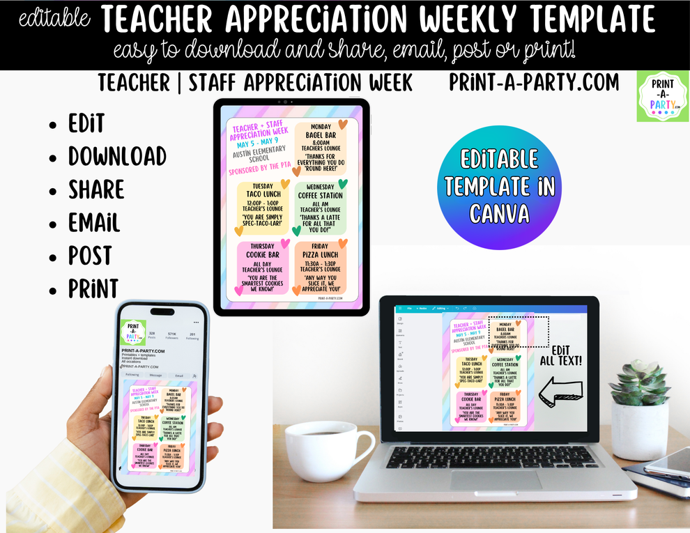 Teacher Appreciation Week Schedule Template | Pastel Canva – PrintAParty