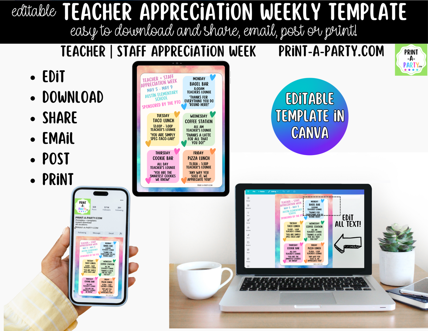 Teacher Appreciation Week Schedule Template – Editable Canva Planner for PTO, PTA & School Staff Events