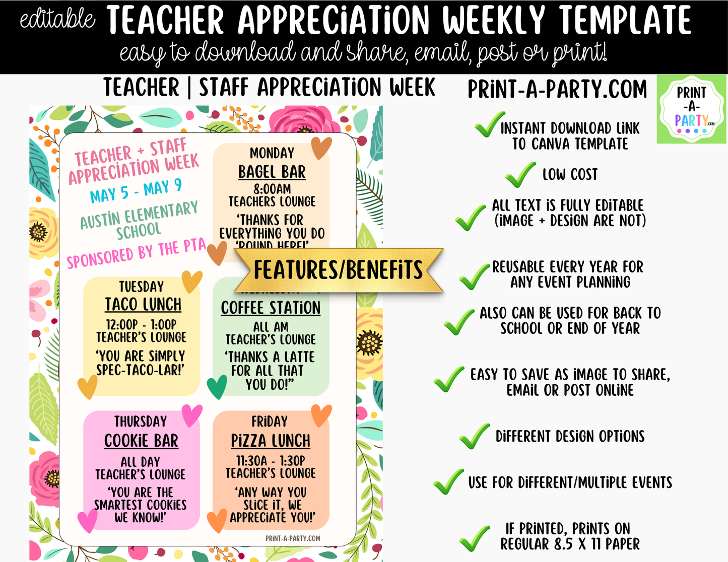 Teacher Appreciation Week Schedule Template – Editable Canva Planner for PTO, PTA & School Staff Events