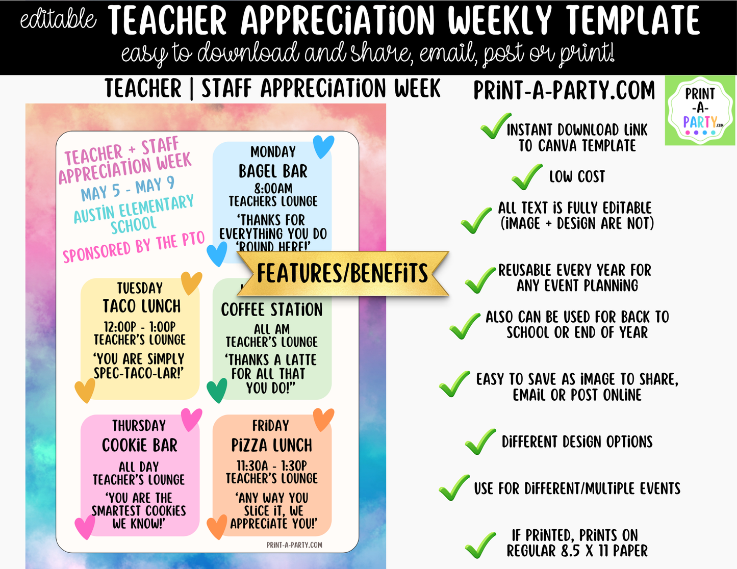 Teacher Appreciation Week Schedule Template – Editable Canva Planner for PTO, PTA & School Staff Events