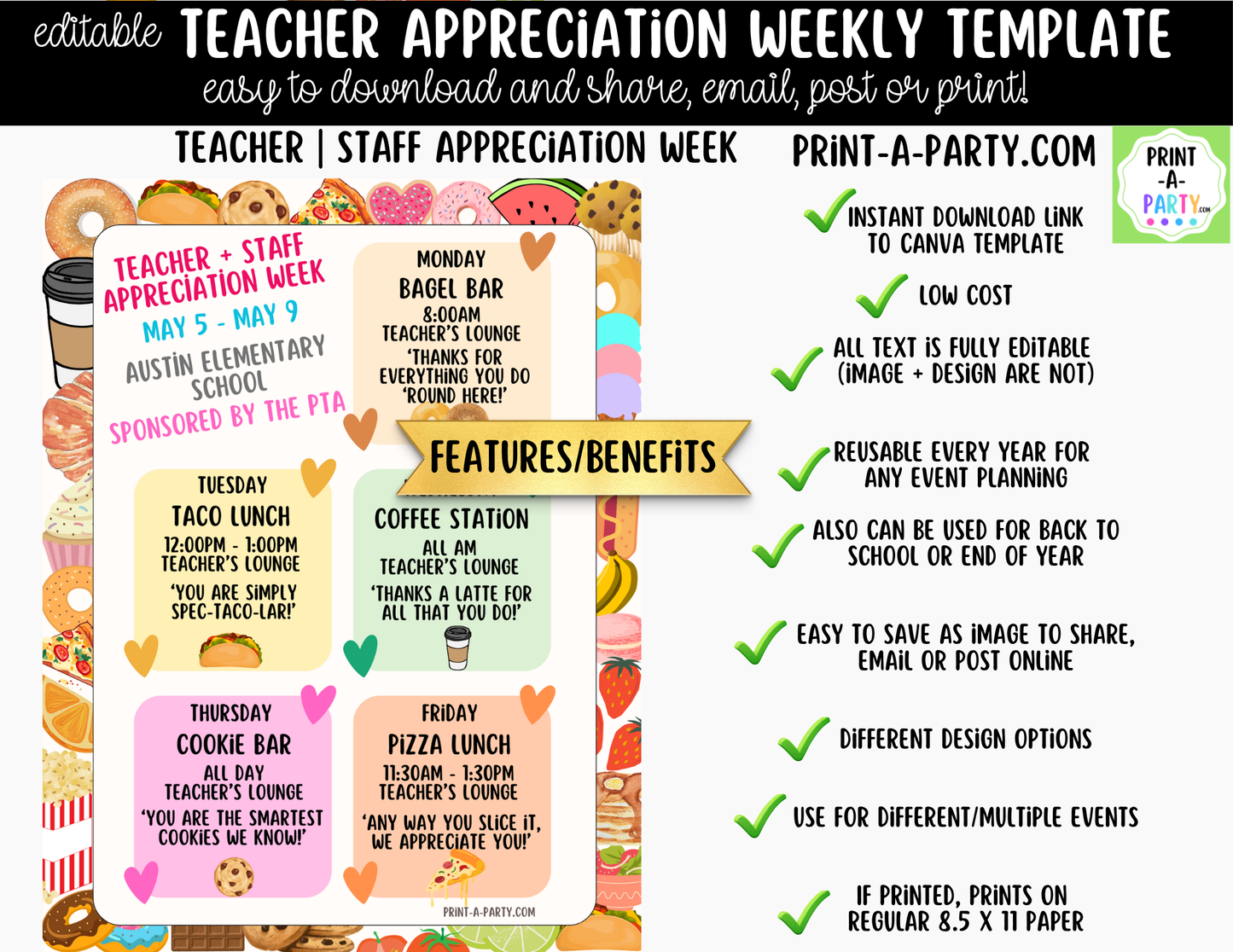 Teacher Appreciation Week Schedule Template – Editable Canva Planner for PTO, PTA & School Staff Events