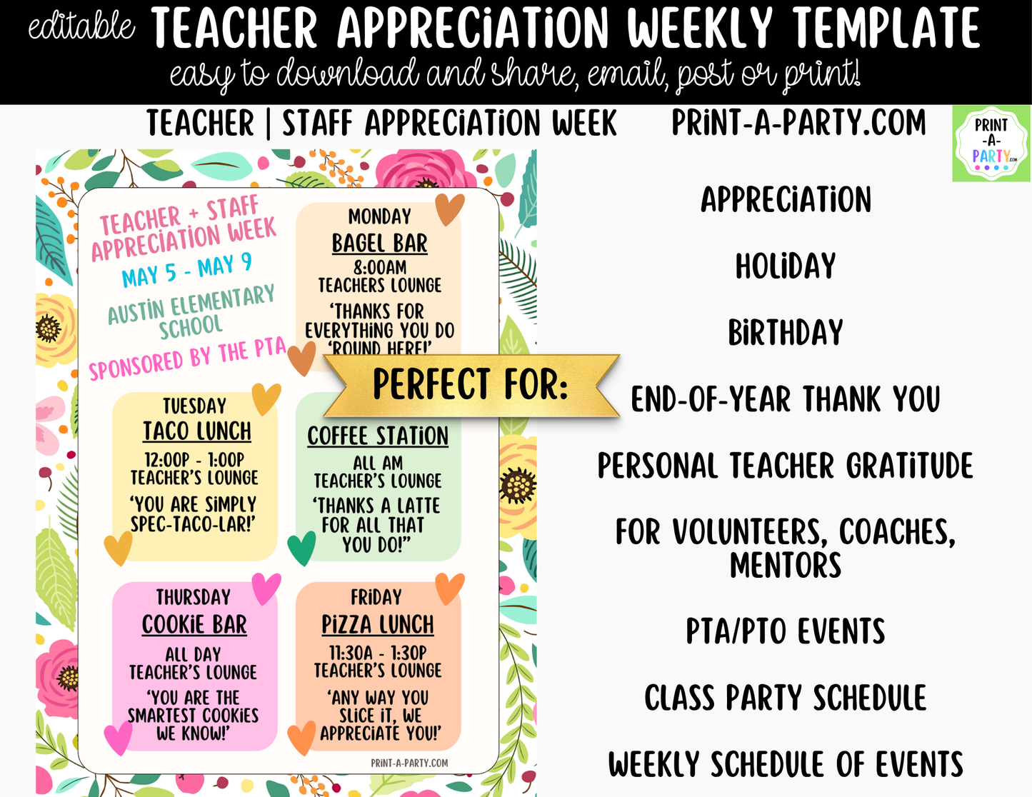 Teacher Appreciation Week Schedule Template – Editable Canva Planner for PTO, PTA & School Staff Events