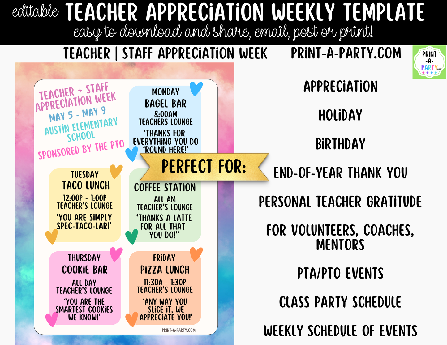 Teacher Appreciation Week Schedule Template – Editable Canva Planner for PTO, PTA & School Staff Events