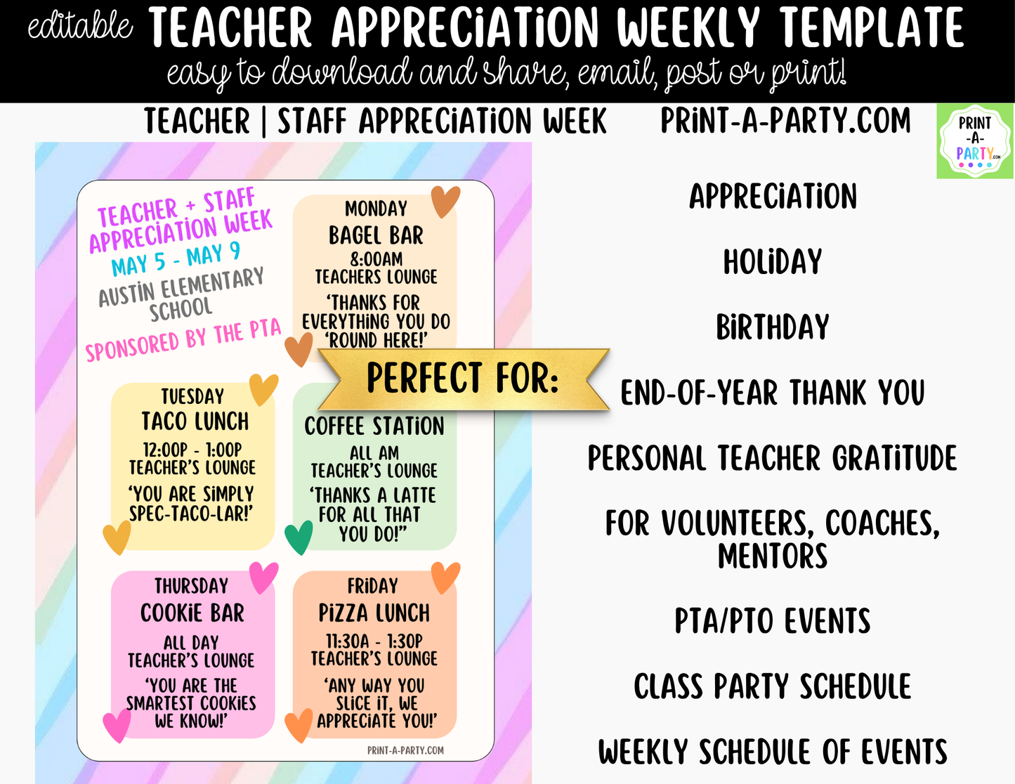 Teacher Appreciation Week Schedule Template – Editable Canva Planner for PTO, PTA & School Staff Events