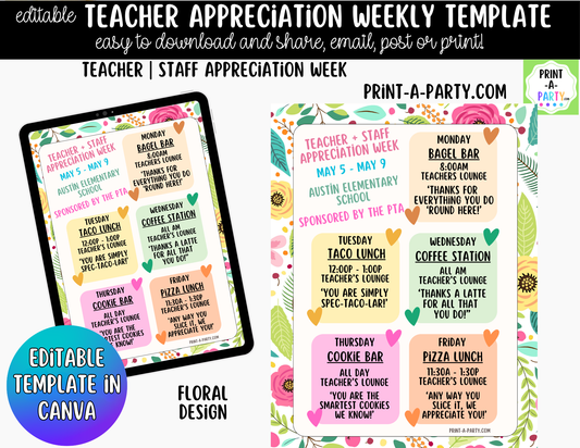 Teacher Appreciation Week Schedule Template – Editable Canva Planner for PTO, PTA & School Staff Events