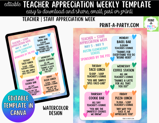 Teacher Appreciation Week Schedule Template – Editable Canva Planner for PTO, PTA & School Staff Events